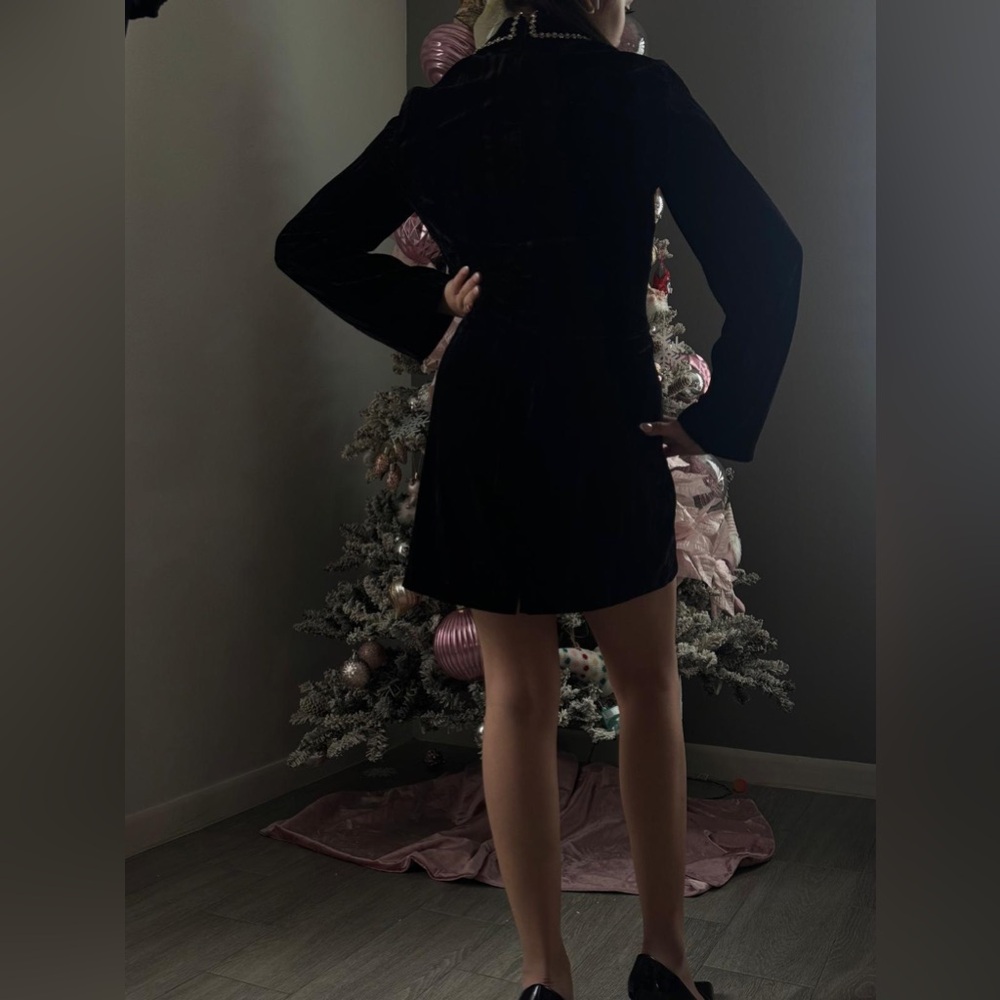 ZARA -Elegant Black Velvet Mini Dress with jeweled wing collar. - Picture 2 of 4